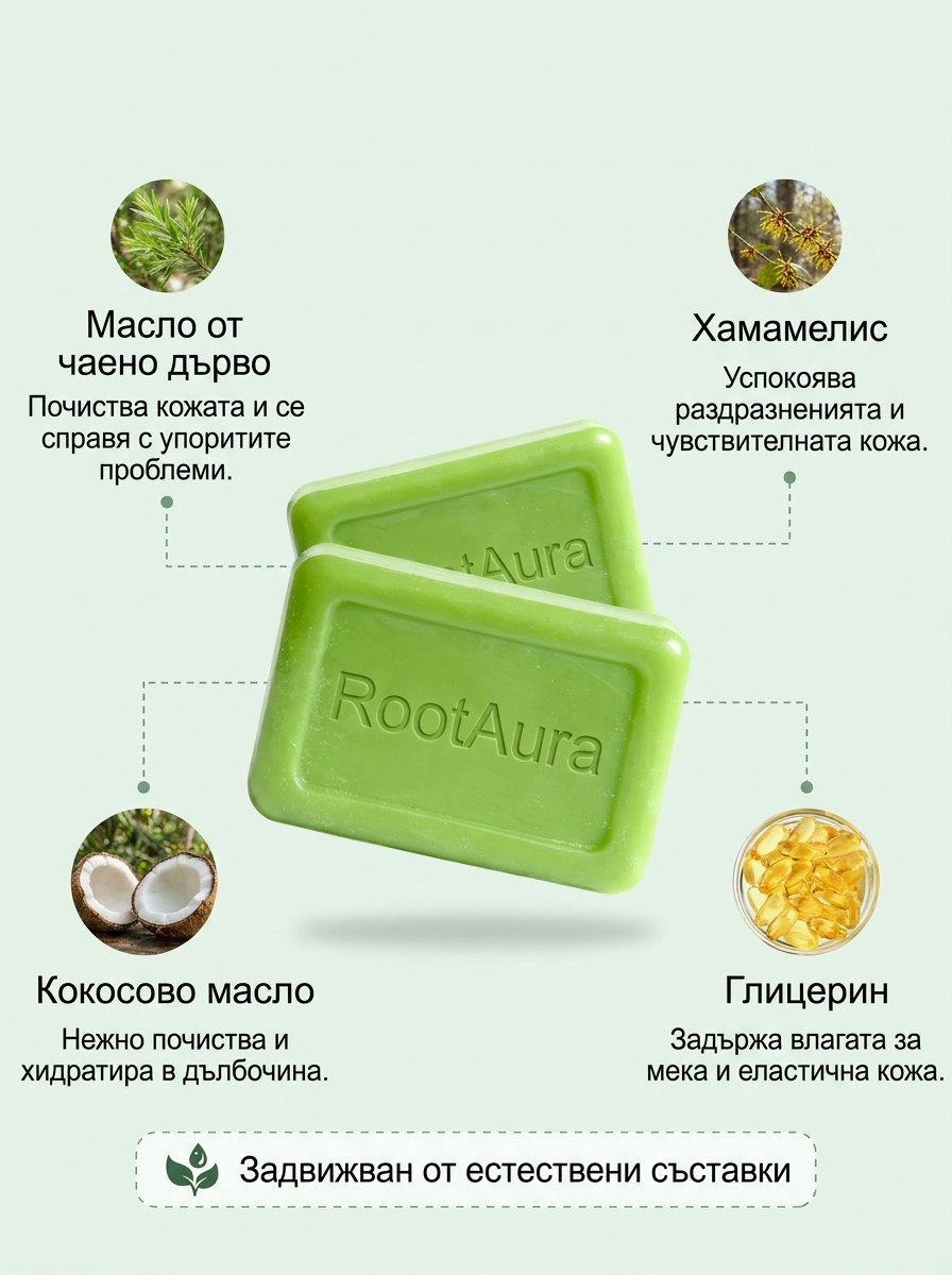 RootAura™ Tea Tree — Специализиран сапун с чаено дърво за ежедневна хигиена